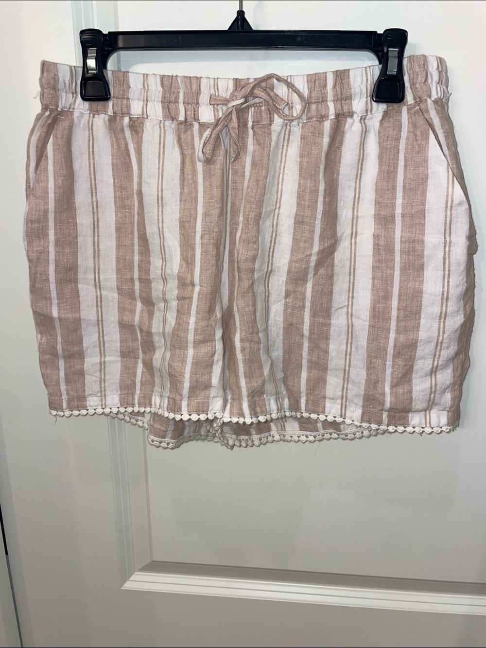 crown & ivy Beige and White Striped Pom-Pom Hem Drawstring Shorts